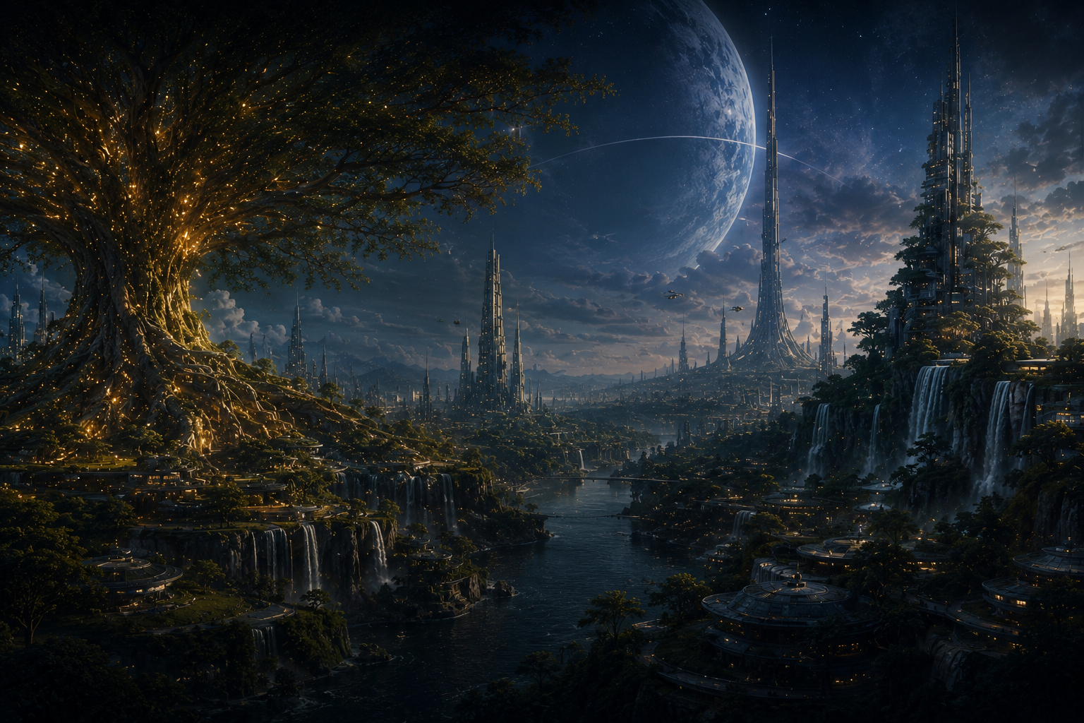 The world of The Life After Ours: the Great Tree of Solara and the futuristic city united by waterfalls and ocean