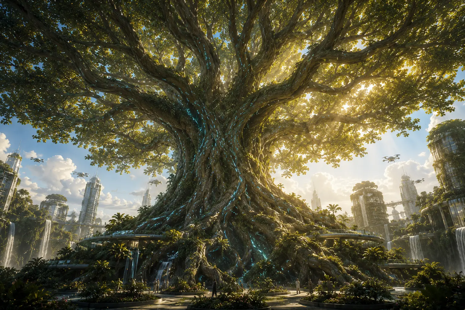 The Great Tree of Solara — a vast bioluminescent tree surrounded by futuristic towers and waterfalls